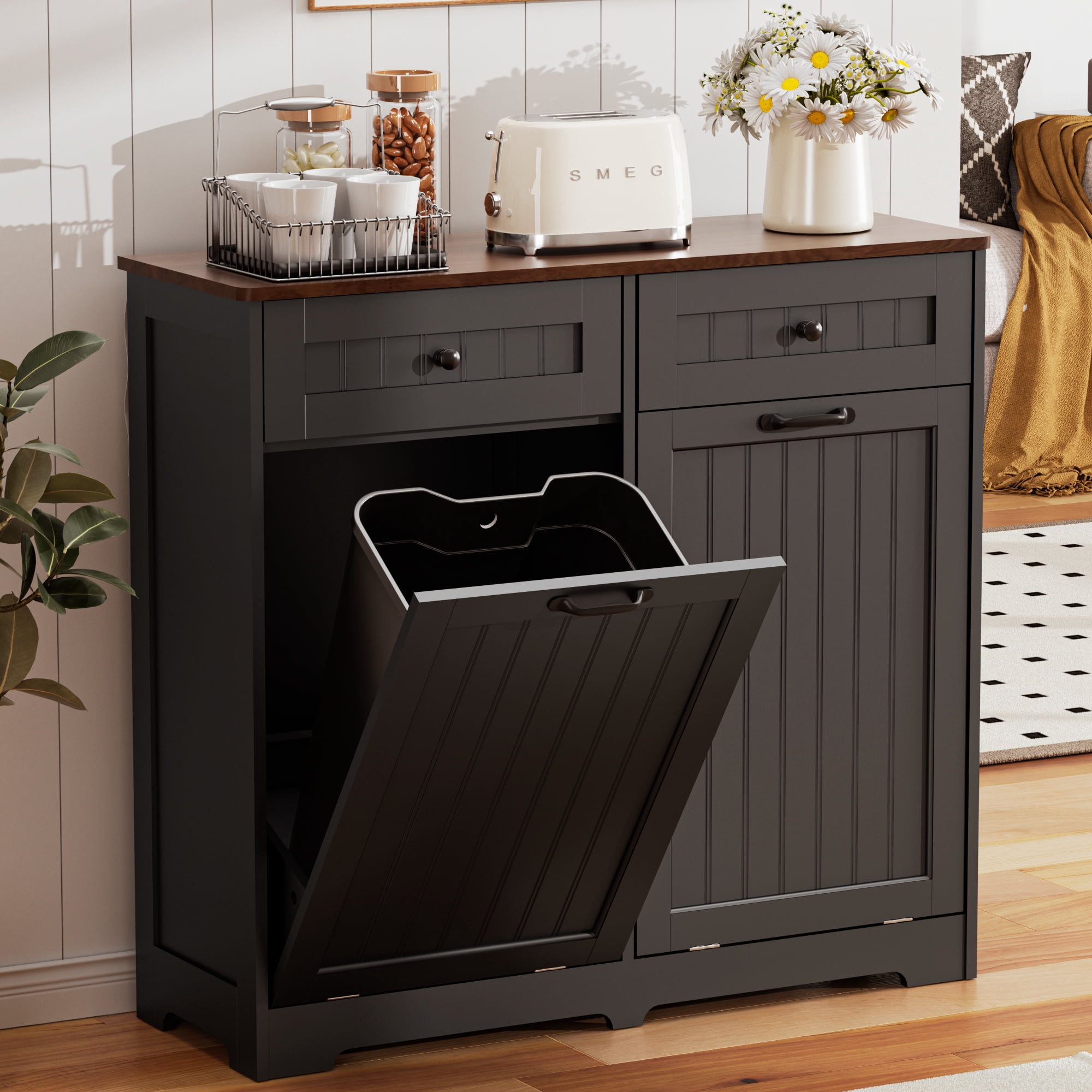 HARIPUL Double Tilt Out Trash Can Cabinet for 2 Bins, Hidden Garbage Can Cabinet with Drawers, Wooden Trash Bin Cabinet, 10 Gallon Trash Can Holder Cabinet for Kitchen, White