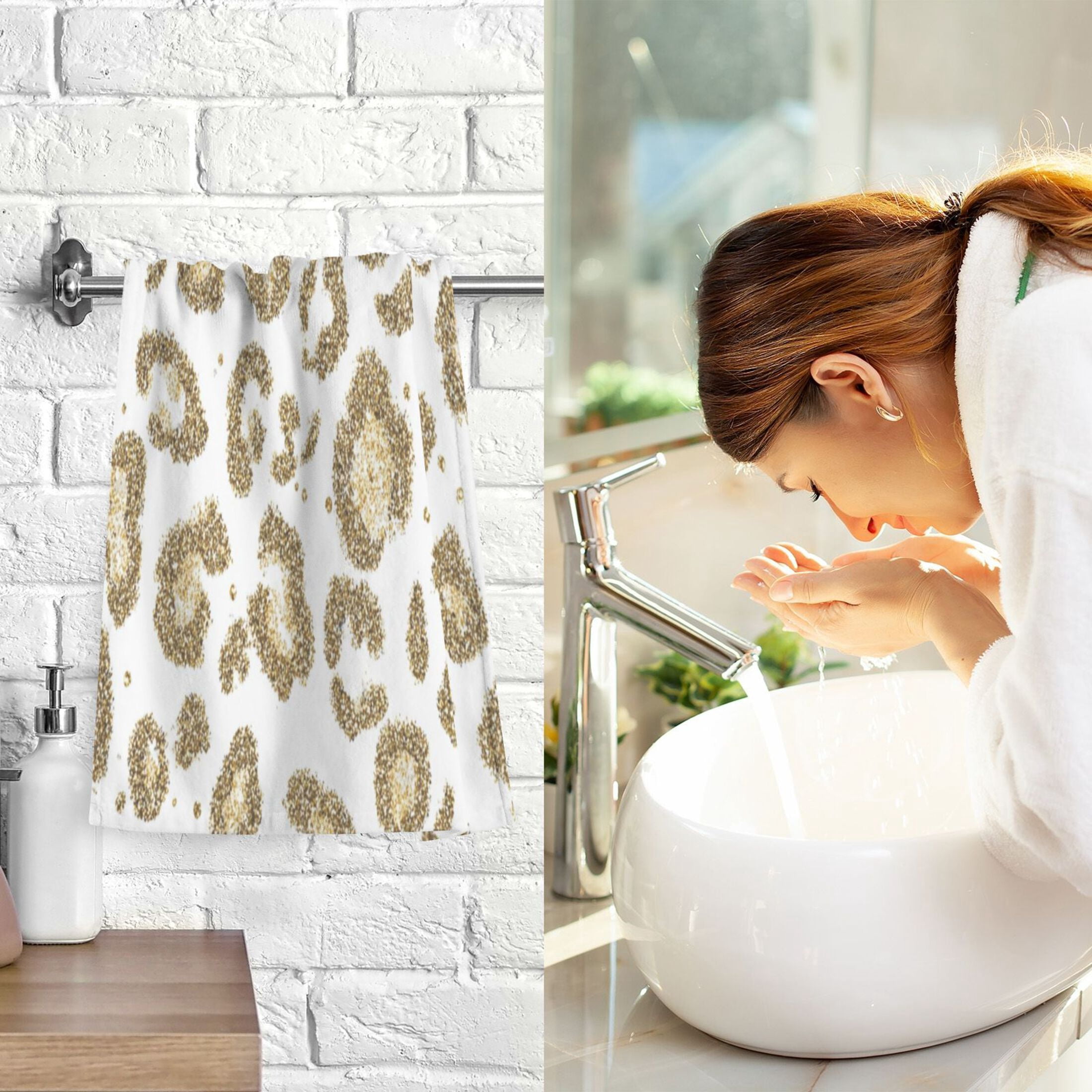 2 Pcs Hand Towels Sets Gold Leopard Print Pattern Cotton Towel Set Absorbent Face Towel for Bathroom Kitchen Shower Hotel Decor