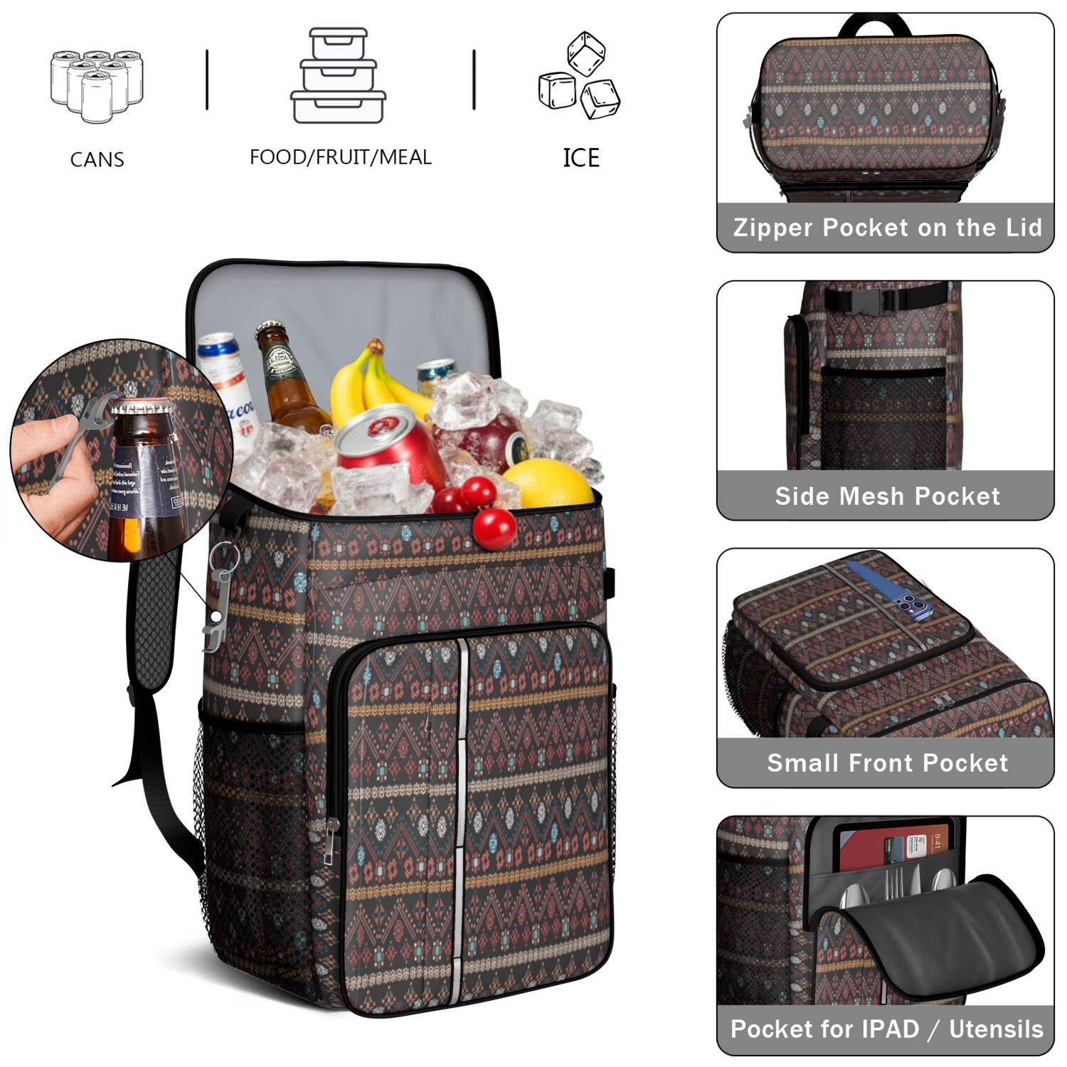 Travel Cooler Bag - Boho Bohemia Pioneer Flower Geometric Line Art Camping Beer Cooler Backpack with Bottle Opener- Waterproof Insulated Picnic Backpacks - Cooler Bag for Beach