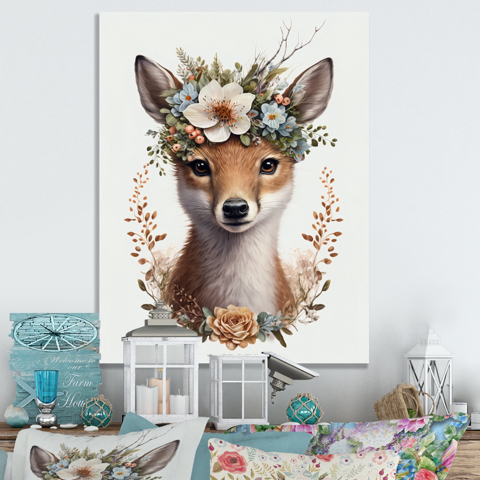 Designart Cute Baby Fox With Floral Crown II Canvas Wall Art