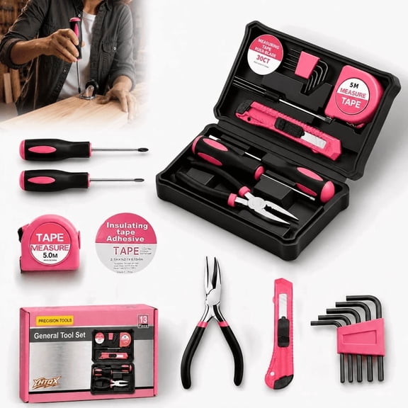 Pink Finish, Home Decoration and Repair, Manual Tool Set, 13 Piece