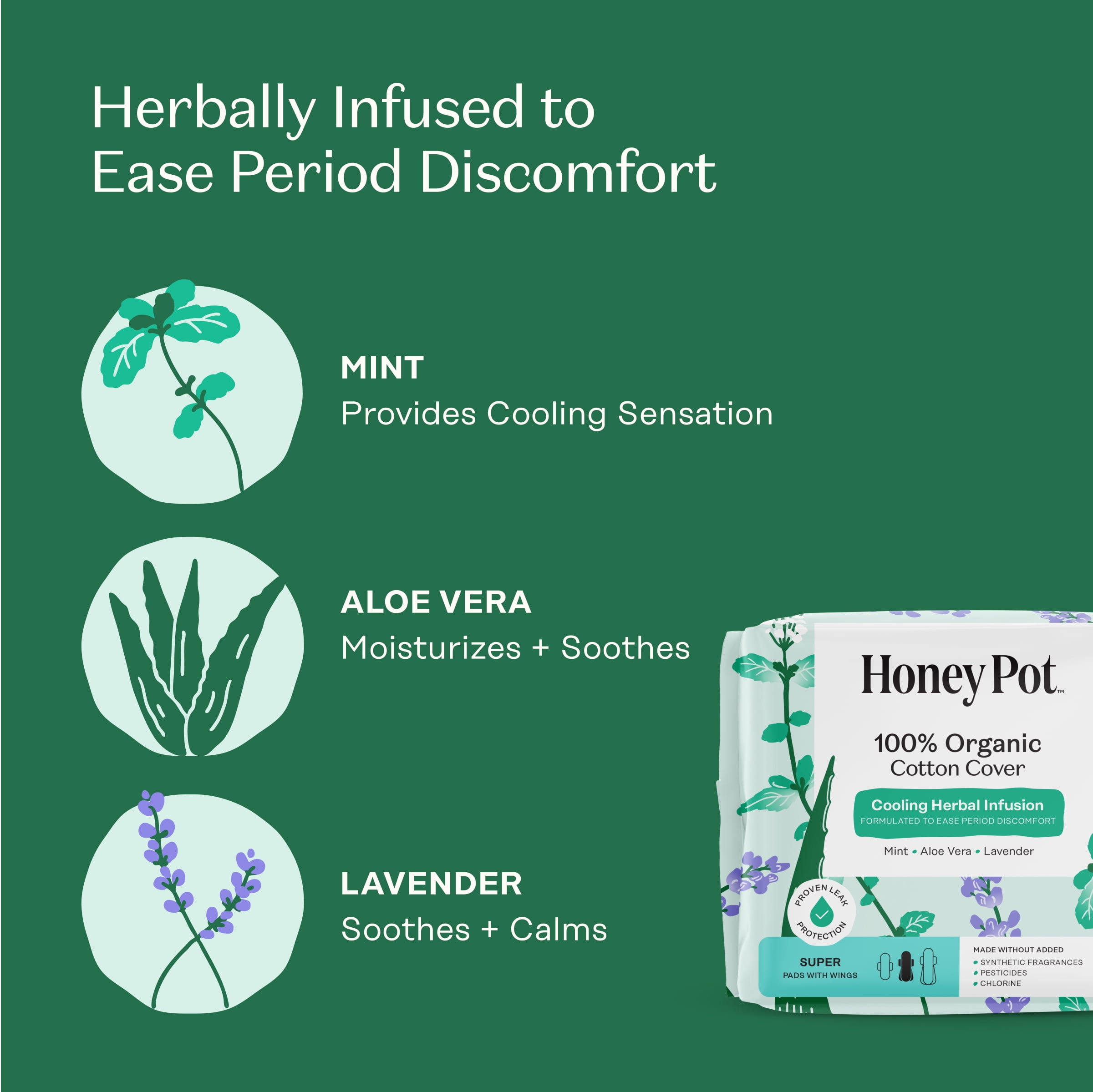 The Honey Pot Company, Herbal Super Pads with Wings, Organic Cotton Cover, 16 ct.