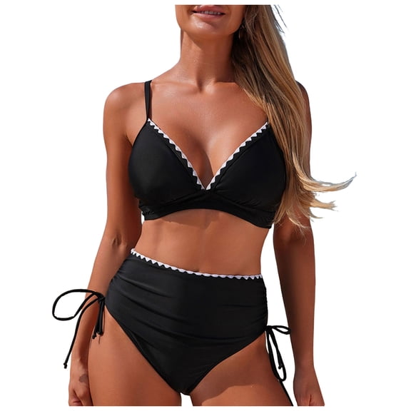 GEWSEY Bikini Sets for Women Swimsuit High Waisted V-Neck Cross Beautiful Back Solid Color Bathing Suits (Black, XL)