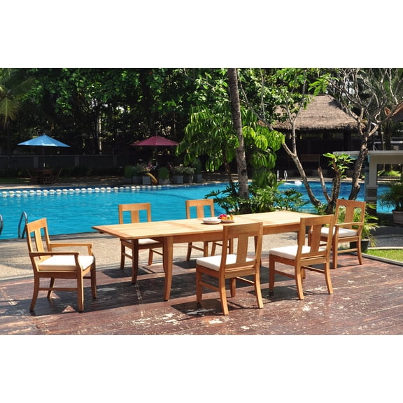 Grade-A Teak Dining Set: 6 Seater 7 Pc: 122" Atnas Double Extension Rectangle Table And 6 Osborne Chairs (2 Arm & 4 Armless Chairs) WholesaleTeak #WMDSWVm