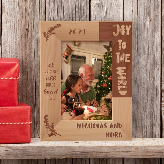 Joy To The World At Christmas, All Roads Lead Home Personalized Wooden Frame 4" x 6" Brown (Vertical)