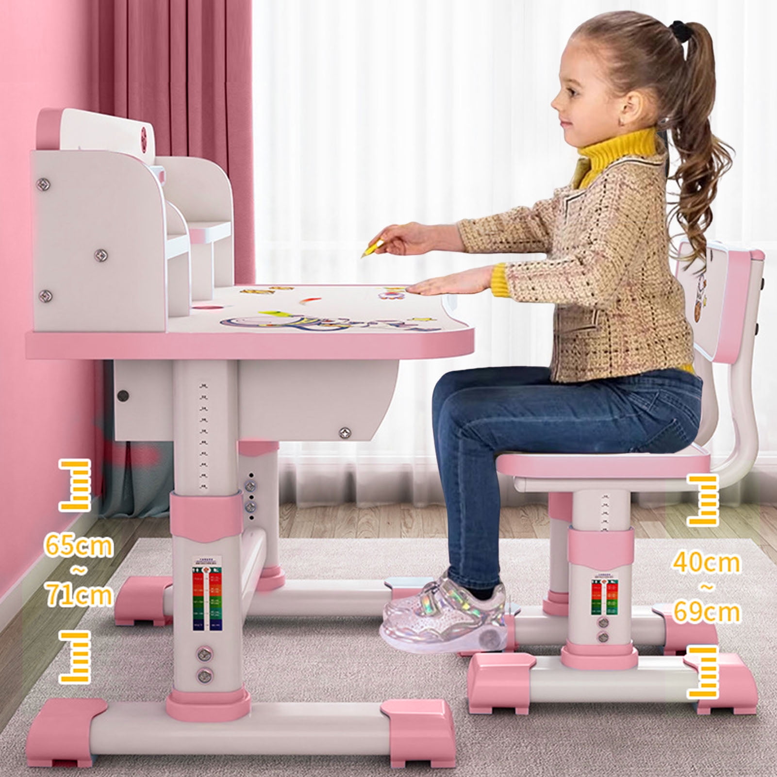 Fompes Kids Study Desk and Chair Set Children School Study Drawing Desk Chair Height Adjustable Kids Table Desk and Chair Set with with Large Writing Board Bookshelf and Book Bucket - Pink