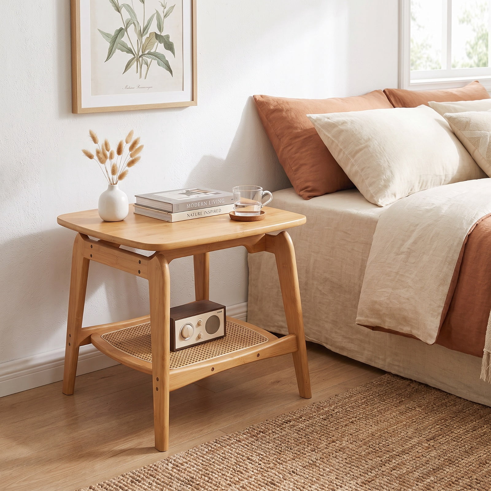 Furnibear Boho Bamboo Sofa Side Table with Faux Rattan Storage Shelf and Curved Frame for Living Room Bedroom and Study, Natural