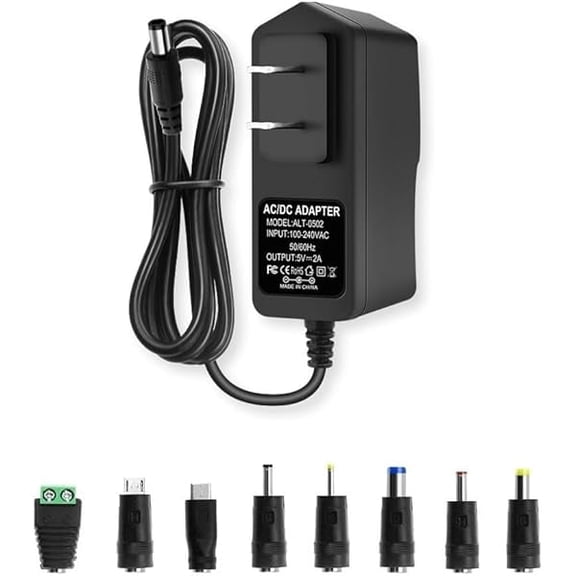xixishop 5V 2A Power Supply Adapter, AC to DC 5V Power Adapter Cord, 100-240 50/60Hz AC Input to DC 5Volt 2Amp Universal Transformer, 5.5mm x 2.5mm Plug & 8 Tips