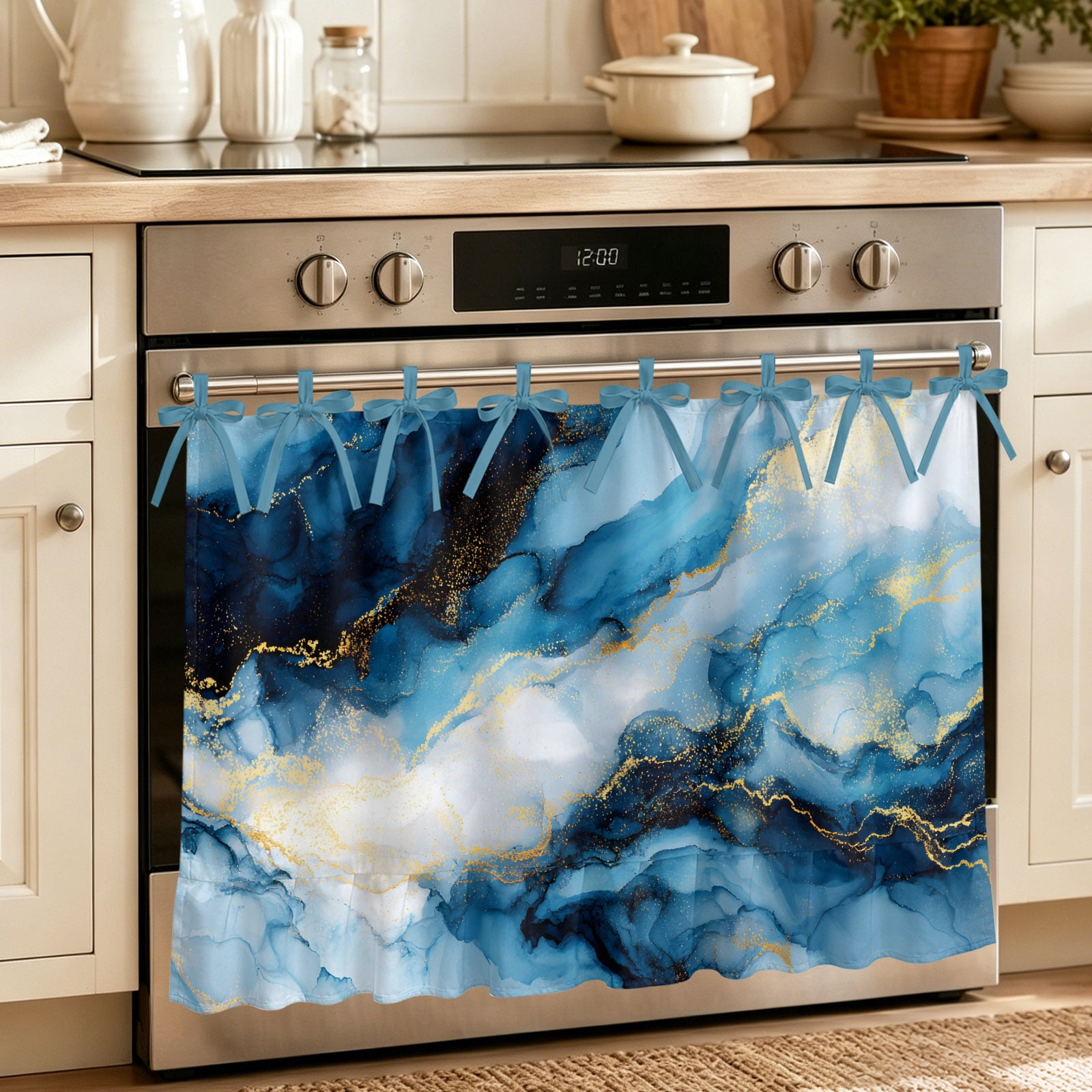 Blue Ombre Golden Marble Oven Skirt for Farmhouse Kitchen D&eacute;cor Abstract Modern Marble Crack Oven Curtain Tie Top Decorative Stove Skirt Cabinet Dish Washer Curtains with 8 Ribbon Ties 27 x20