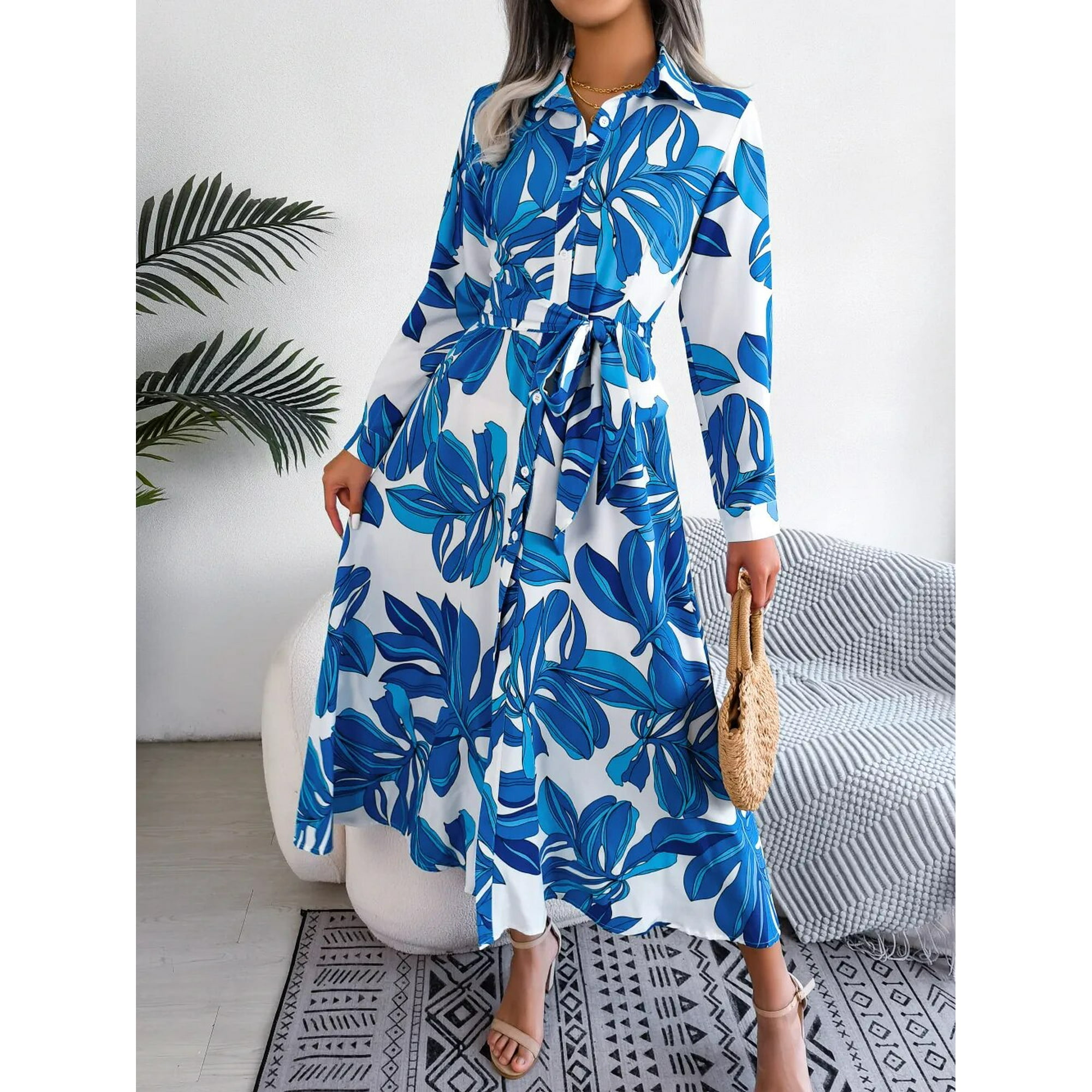 Blue floral long sleeve maxi dress 2025