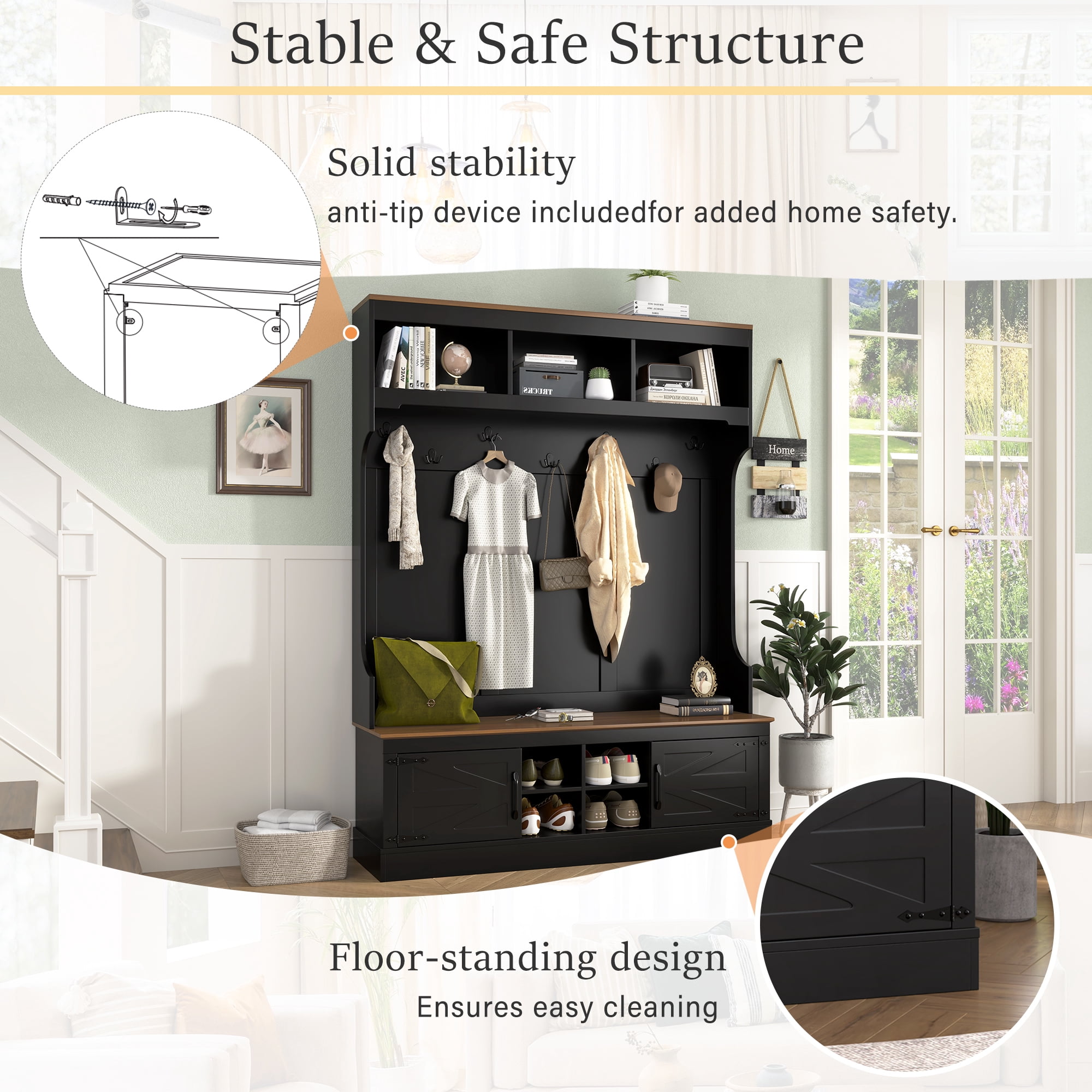 HOQBN 71"H Farmhouse Hall Tree with Bench & Shoe Storage, 5-in-1 Modern Entryway Storage Organizer Cabinet with Coat Rack, 4 Shoe Cubbies & 7 Hooks, Black