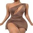 thumbnail image 3 of Women One Shoulder Dress Solid Color Hollow Out Ruched Slit Bodycon Mini Short Skirt Beach Date Wear, 3 of 5