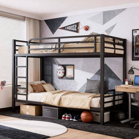 Miniyam Twin XL Over Twin XL Metal Bunk Bed with Guardrails, Noise-free & Under-Bed Storage,Black