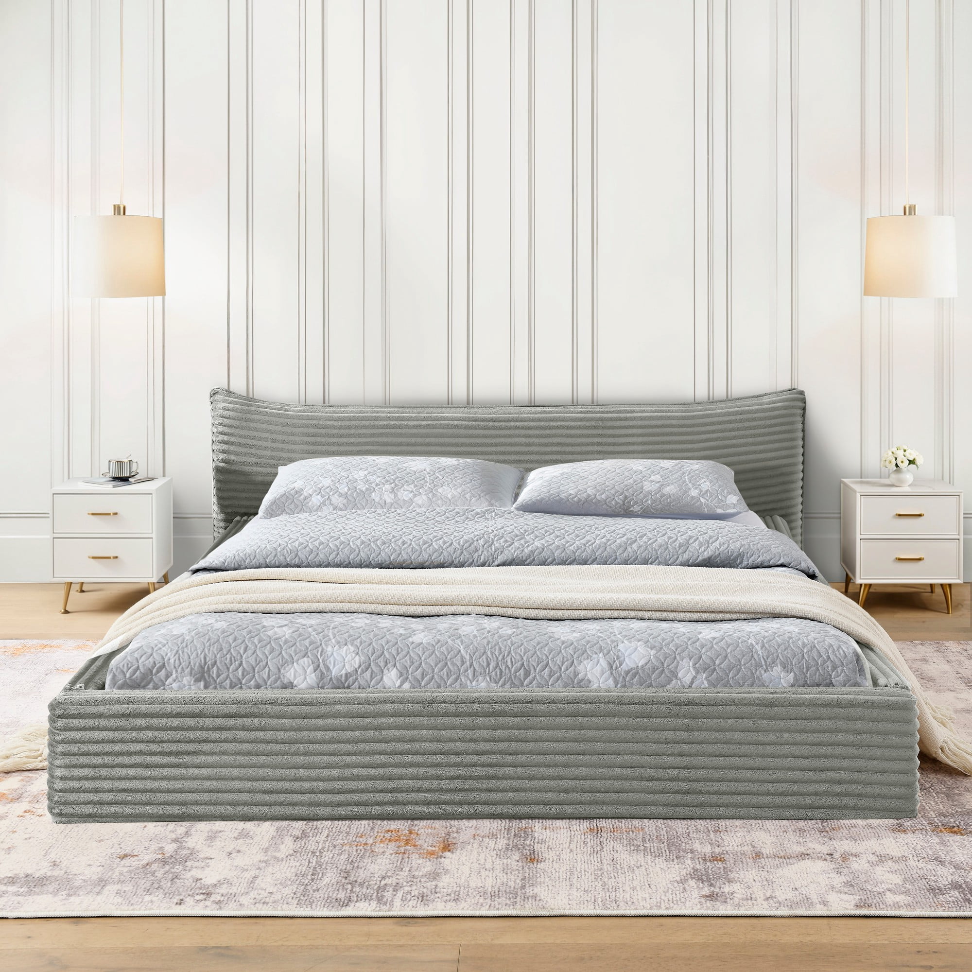 Aukfa Queen Size Upholstered Platform Bed with Curved Headboard, Velvet Fabric Low Profile Bed Frame, No Box Spring Needed, Gray