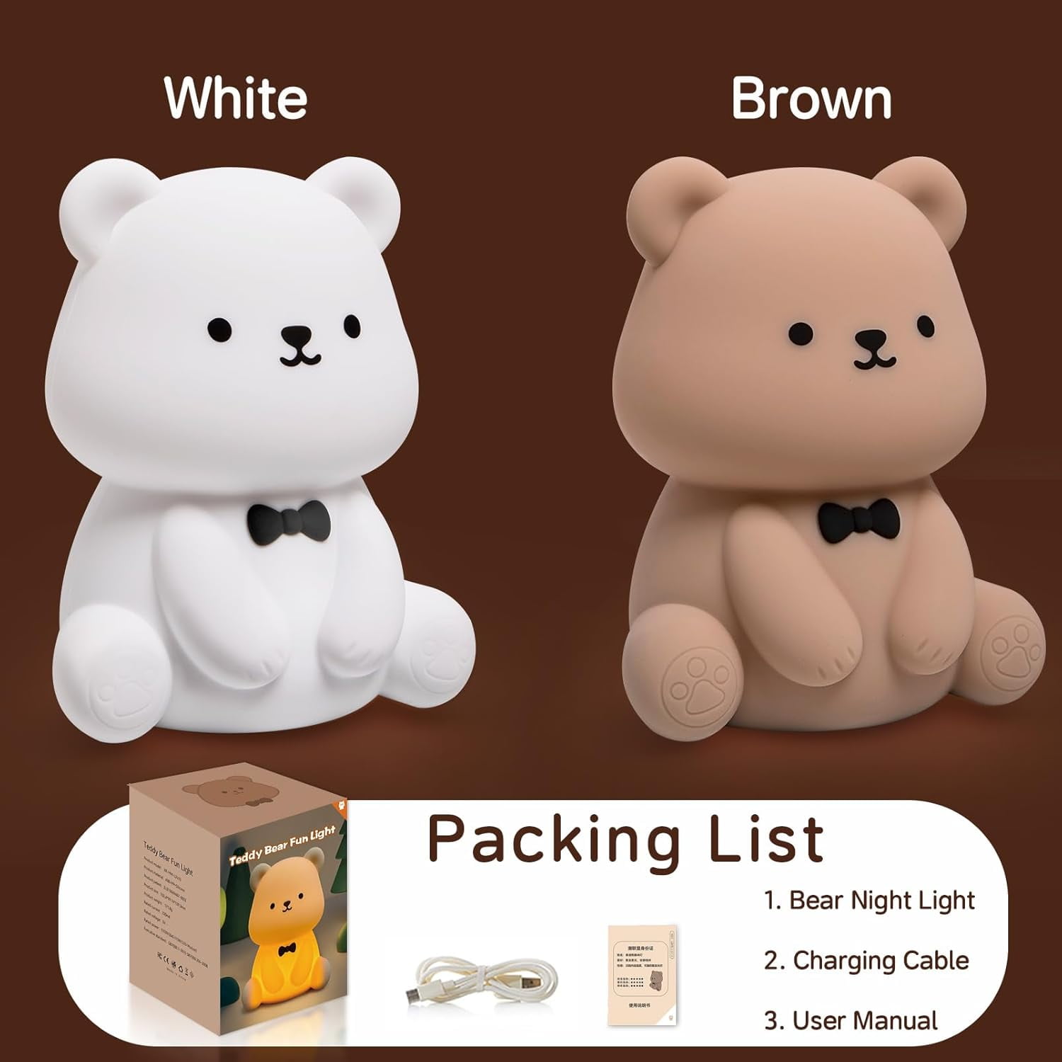 CATPAN Cute Bear Night Light, Kids Night Light for Boys Girls Bedroom USB Rechargeable Silicone Animal Light, Baby Nursery Beside Lamp, Bear Gifts