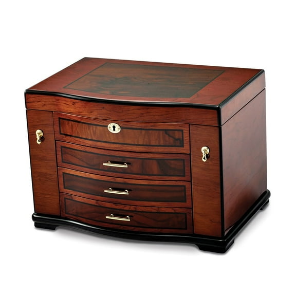 Luxury Giftware by Jere High Gloss Poplar Veneer w/Burlwood Inlay 3-drawer with Swing-out Sides Locking Wooden Jewelry Chest QJJB693