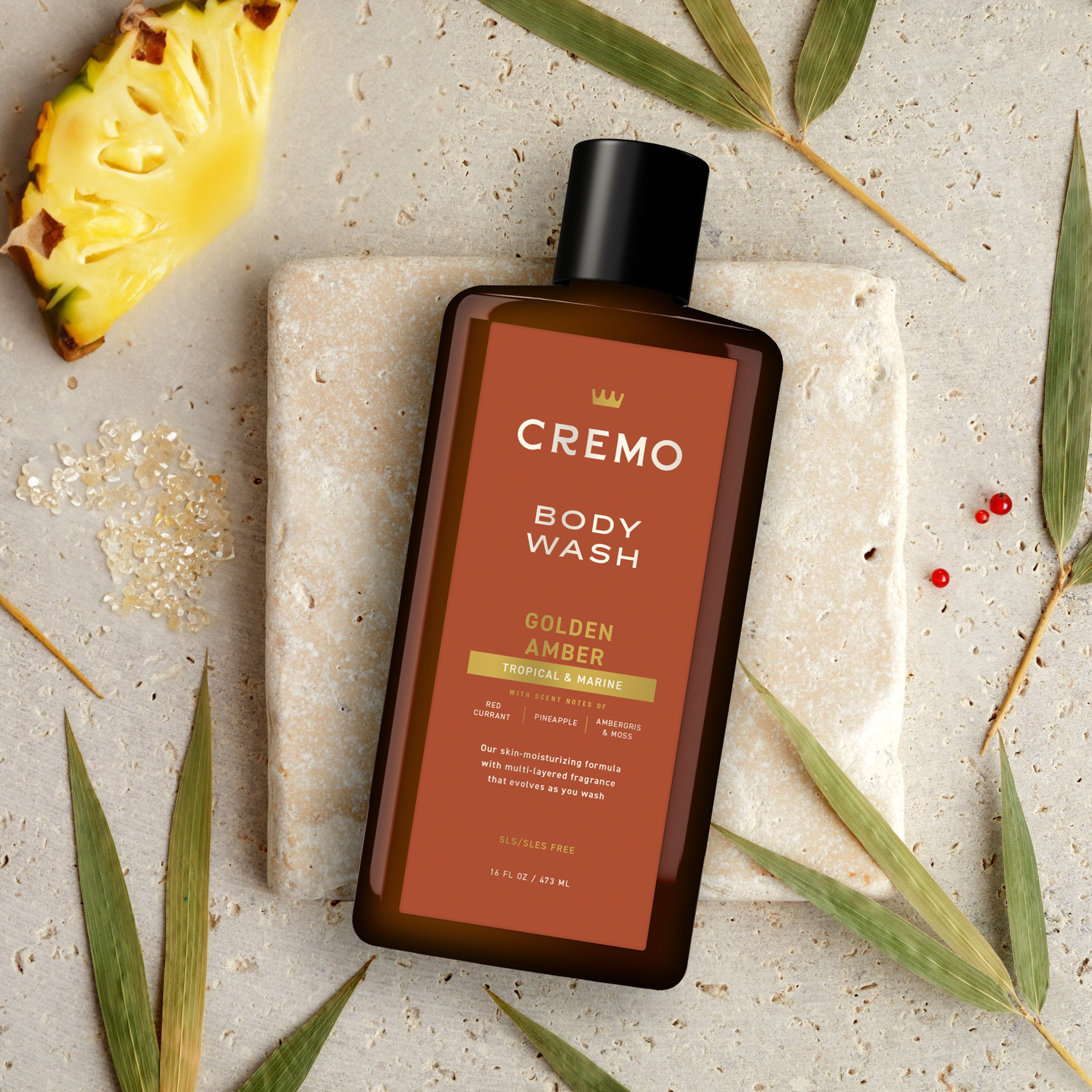 Cremo Golden Amber Body Wash for Men, Tropical & Marine with Scent Notes of Red Currant, Pineapple, Ambergris, and Moss, 16 FL OZ - 4 Pack