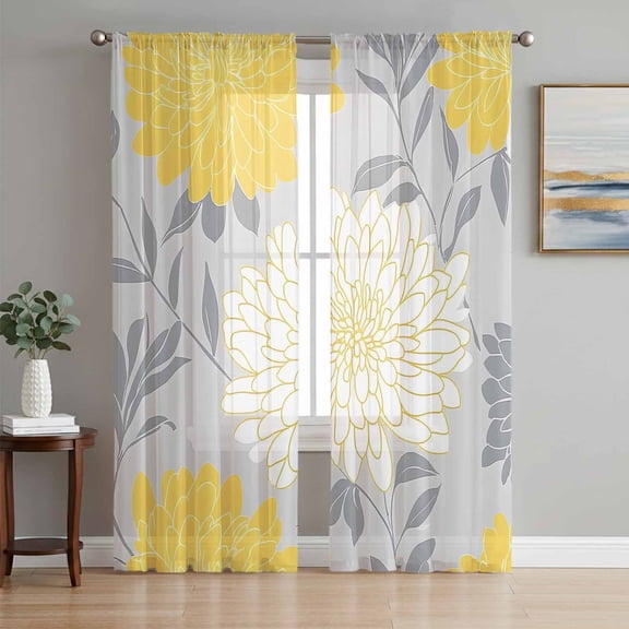 Yellow White Flowers Sheer Curtains 63 Inch Length 2 Panels Set, Retro Rustic Watercolor Wild Floral Voile Window Treatment Rod Pocket Curtains Sheers Drapes for Bedroom/Living Room/Kitchen 52x"63"x2