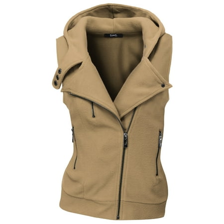 Doublju Women's Cross Neck Sleeveless Hoodies Stylish Hoodie Zip up BEIGE