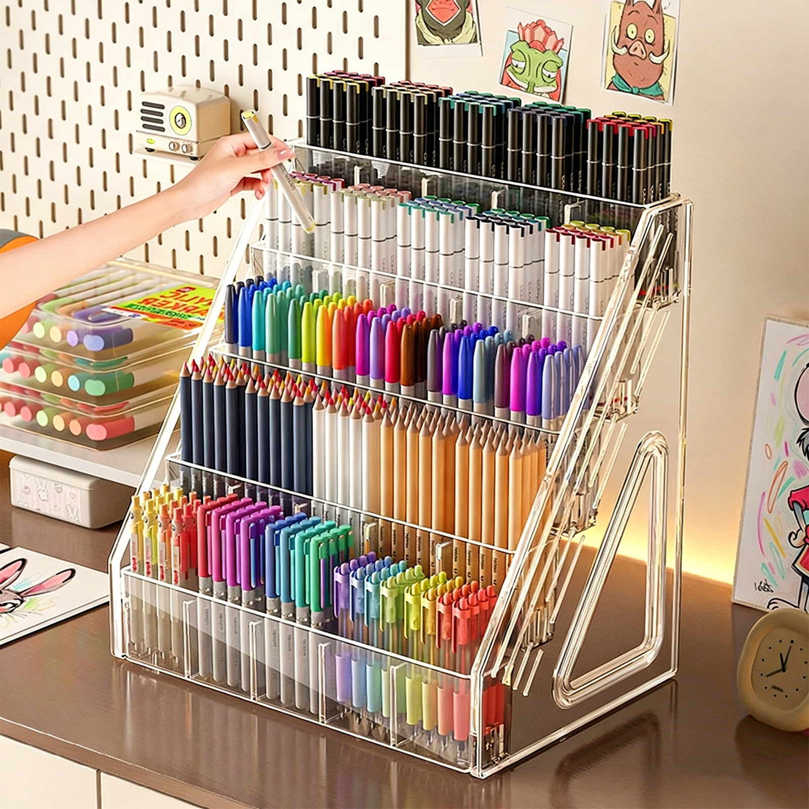 Desk Art Marker Organiser Multi Compartments Clear Acrylic Marker Pen Storage Rack for Pencils Highlighters Art Supplies
