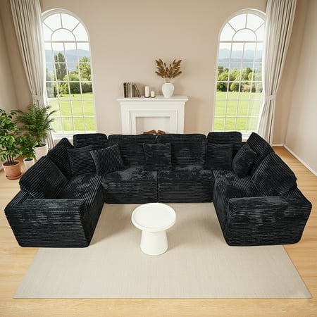 AVAXA 135.5-inch 6-Seat U-Shaped Sectional Sofa, Reversible Design, Corduroy Fabric, Black