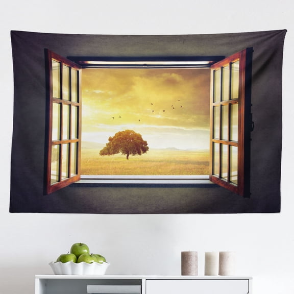 Ocean Tapestry, Open Window a Sunset View Sky Tropics Nature Vacation Romantic Art Print, Fabric Wall Hanging Decor for Bedroom Living Room Dorm, 2 Sizes, Apricot, by Ambesonne