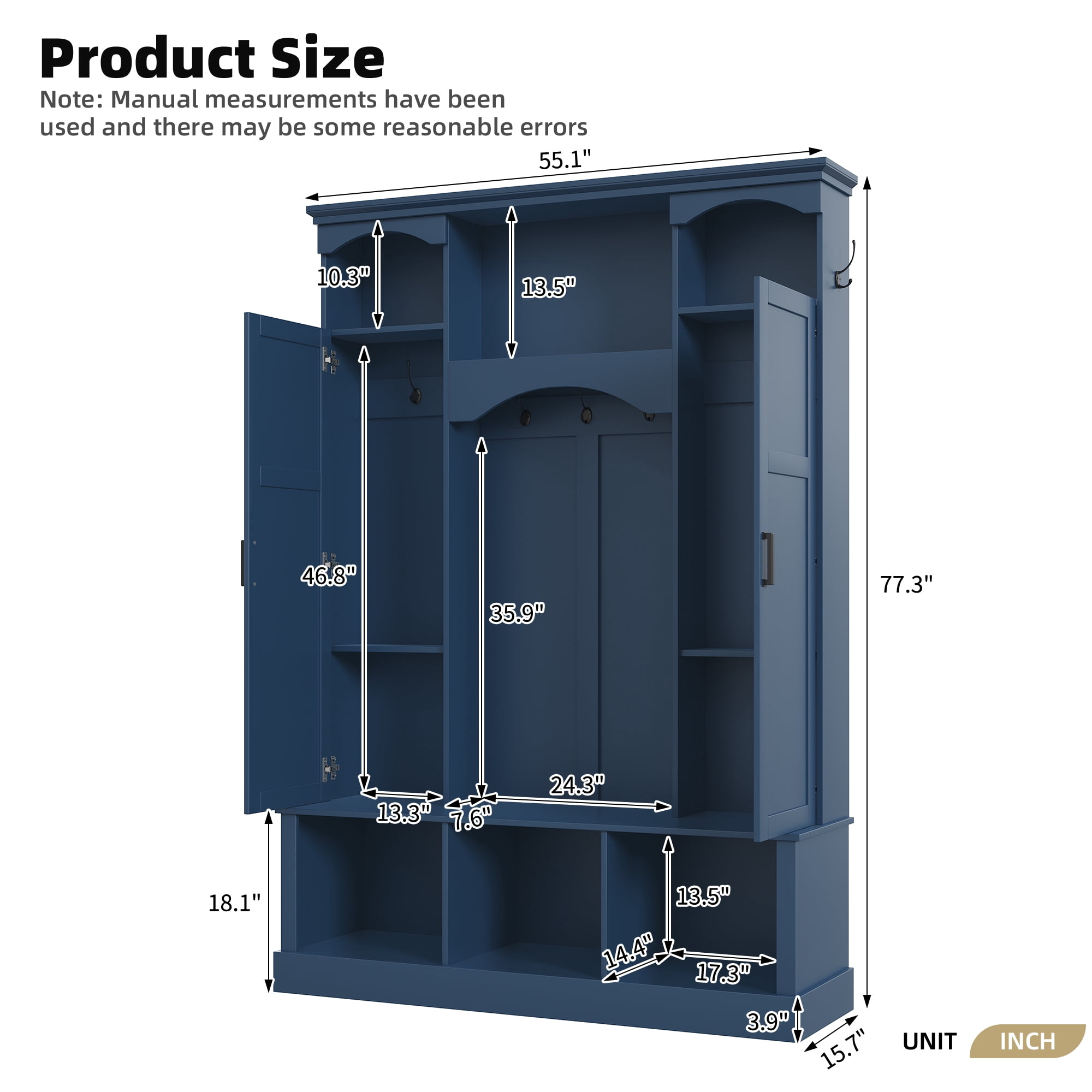 Mintazer All-in-One Farmhouse Entryway Hall Tree with Side Cabinets & Shoe Cubby Bench, Elegant Entryway Organizer with 7 Hooks & Adjustable Shelves for Mudroom Hallway, Blue