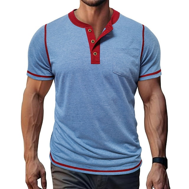 Tops para hombre, blusas y camisas de manga corta con cuello redondo para hombre, blusas casuales de moda vintage con botones, cuello redondo y manga corta para hombre, blusa de poliéster para hombre