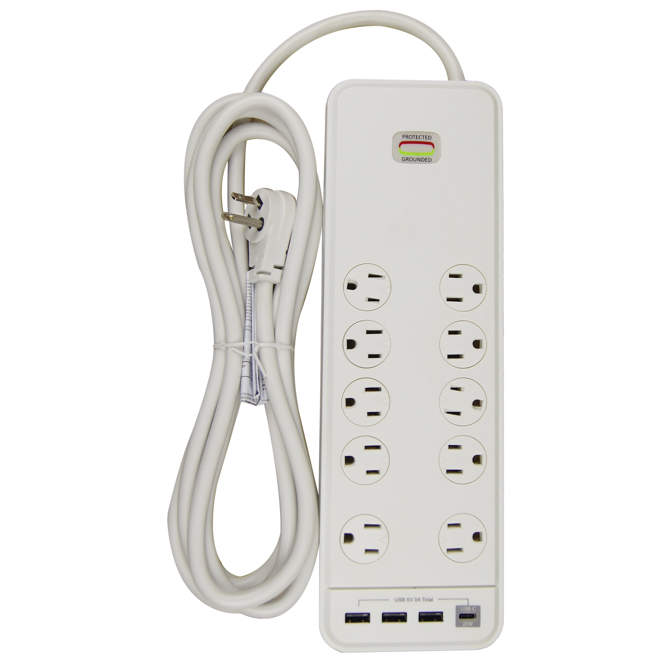 (2 pack) Hyper Tough Indoor 10-Outlet 10ft Surge Protector 2480-Joule Protection with 4 USB Ports, White