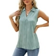 thumbnail image 3 of TEMOFON Women Tank Tops Summer Sleeveless Top Fashion Lapel Collar Tshirt Casual V Neck Tunic Solid Color Tees Striped Texture Mintgreen Tshirt Size L, 3 of 5