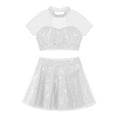 thumbnail image 3 of YiZYiF Kids Girls 2 Piece Sequins Dance Crop Top with Skater Skirt Set for Ballet Lyrical Dancewear Silver 8, 3 of 5