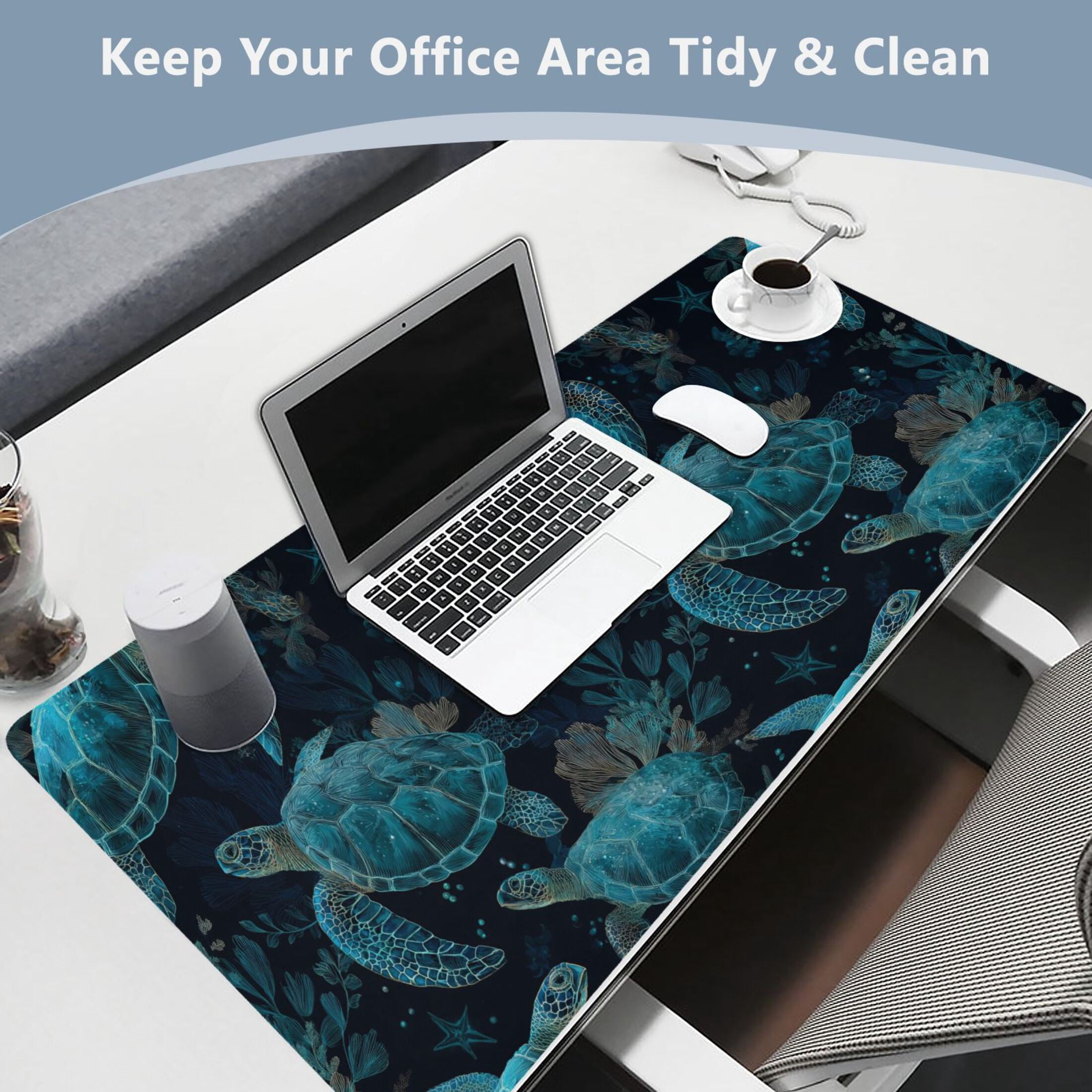 Leather Desk Pad Protector Mouse Pad Laptop Desk Mat Non-Slip Waterproof for Office and Home Green Sea Turtles Pattern