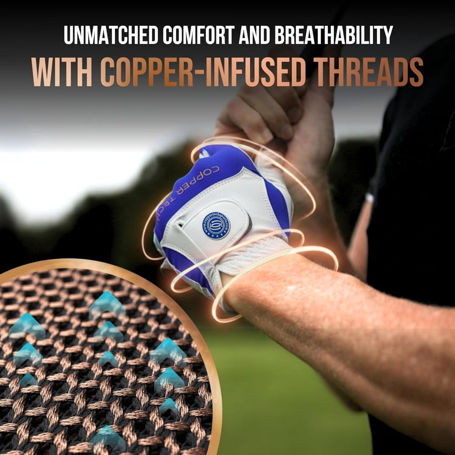 Copper Tech Golf Gloves Men (2 Pack)| Copper Compression Joint Support | Flexible & Comfortable Fit with AAA Leather (White/Royal Blue, X-Large, Left)