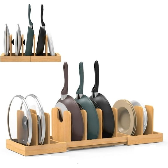 Pots and Pans Organizer Under Cabinet, Expandable Pot Lid Organizer, Bamboo Pan Organizer, Pot and Pan Organizer Rack for Kitchen Countertop or inside Cabinet