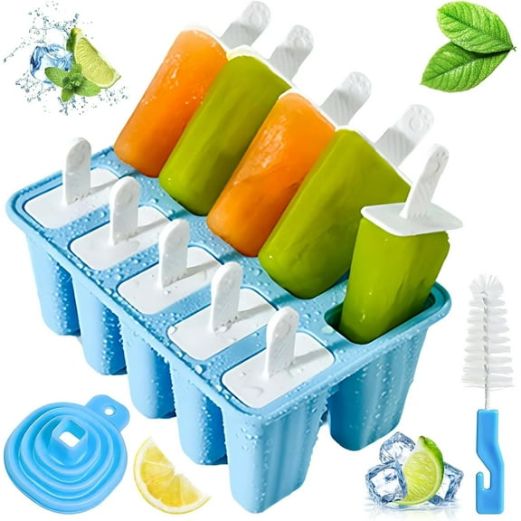 WLGJL Homemade Popsicle Molds, 10 Silicone Ice Pop Maker，10 Reusable Sticks, Funnel and Brush  (Blue)