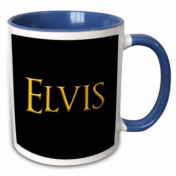 3drose, Elvis Legendary Baby Boy Name in America. Yellow on Black Charm, 11oz Two-tone Blue Mug