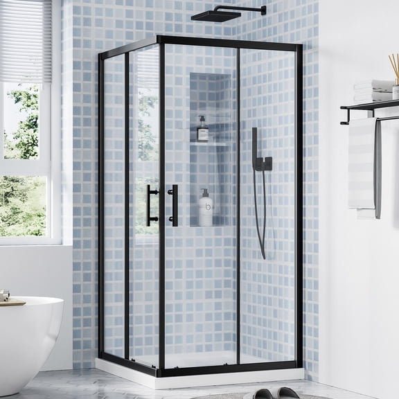 KPUY Shower Enclosure 36" x 36" W x 72" H Double Sliding Corner Shower Door Shower Stall with 1/4" Tempered Clear Glass, Matte Black