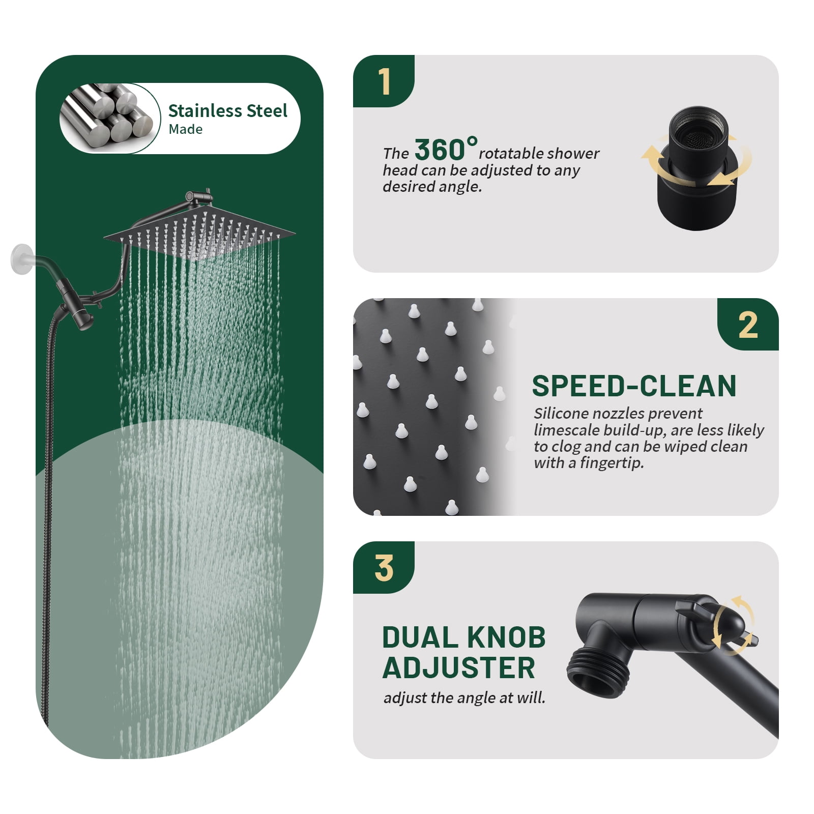 Cobbe 8-Inch Dual Shower Heads with Handheld Spray Combo, 3-Way Rain Shower Head, 9-Spray Patterns Handheld Shower, Matte Black