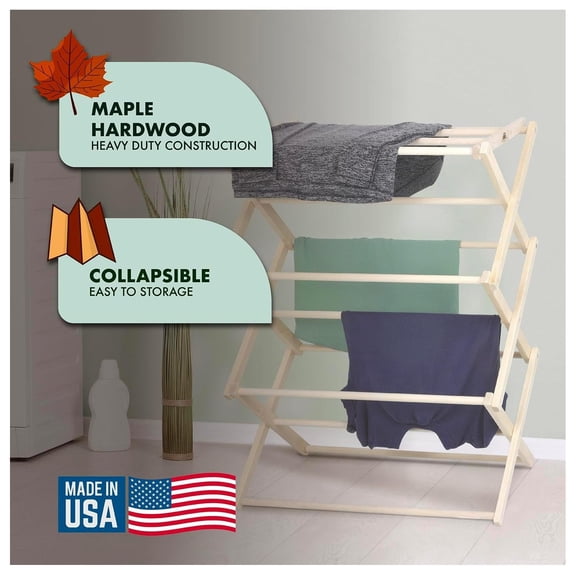 Drevy Premium American Maple Clothes Drying Rack - Handcrafted in Pennsylvania - Solid Wood Construction, Collapsible, Eco-Friendly Laundry (X-Large)