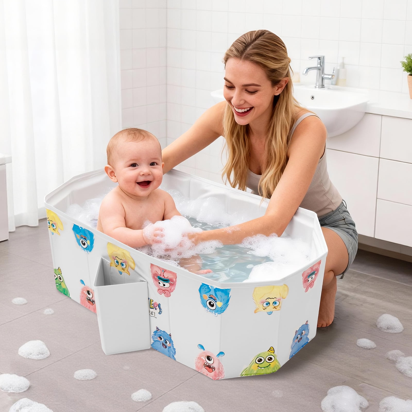 Grusce Foldable Bathtub, Multifunctional Portable Bath Tub, Large Shower Bath Tub for Age 0-8 All in One Design with Drain Plug, Cat and Dog Pet Wash Shower Basin