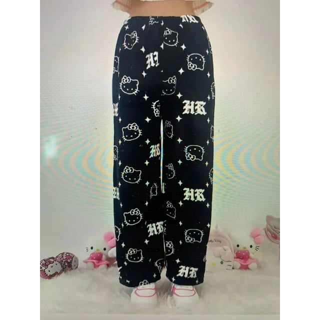 Sanrio-pantalones de pijama de franela de Hello Kitty para mujer, pantalón de dibujos animados de calabaza, Gato Kt, Otoño, cálido, informal, para el hogar, Graffiti, regalo para niña
