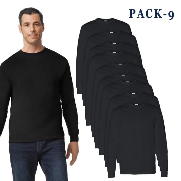 Gildan Heavy Cotton Long Sleeve T-Shirt for Men - Plain Long Sleeve Tees - Bulk Tee | 100% Cotton | Black | Size S - Pack Of 9