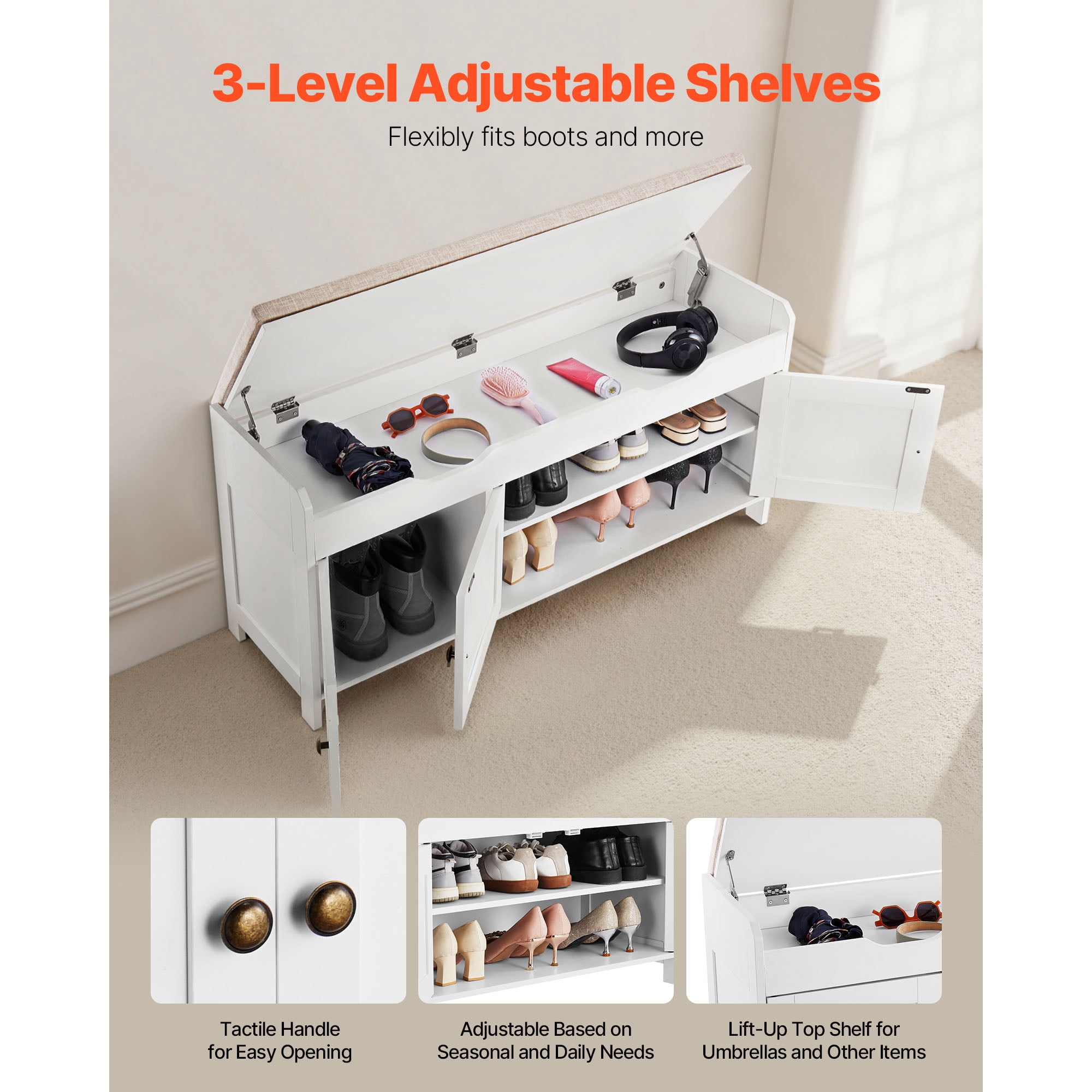KFFKFF Entryway Bench with Lift-Top Storage, 41.3 x 13.8 x 19.8 Inch Shoe Rack with Cushion, 250lbs Capacity, 3 Cabinets and Adjustable Shelf, for Bedroom or Hallway, White and Black