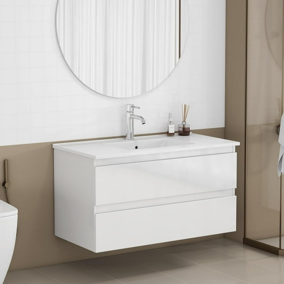 Villachico 36″ Bathroom Vanity Cabinet with Ceramic Sink Combo, 2 Drawer with Soft-close Runners, Modern Design, High Glossy White Painted Finish