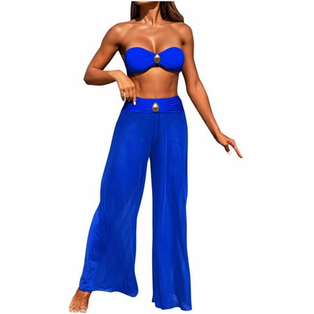 Ashirexll Bathing Suit for Women Solid Color Strapless Bandeau Bikini Set Two Piece Swimsuit Top with Swimming Trunks Blue XL