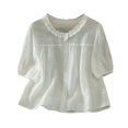 thumbnail image 2 of Gamivast Short Puff Sleeve Shirts for Women Ruffle Neck Button Down Blouses Casual Loose Fit Flowy Peplum Tops Summer Elegant Babydoll Tunic Tees for Women White XL, 2 of 8