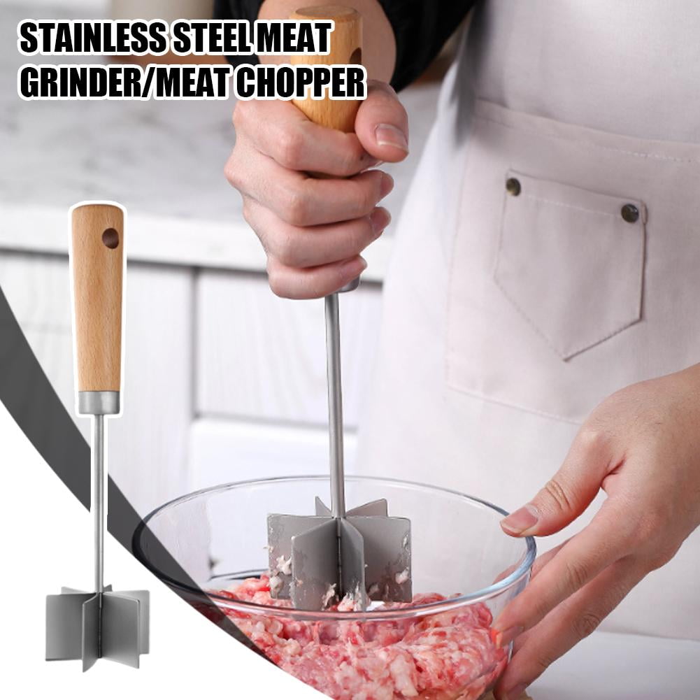 2026 Stainless Steel Meat Chopper - Natural Wooden Handle, Upgraded 6 Head Wooden Metal Meat Ground Beef Masher for Kitchen
