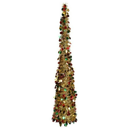 5FT Green Red Tinsel Christmas Tree Pops Up thin collapsible sequin Xmas