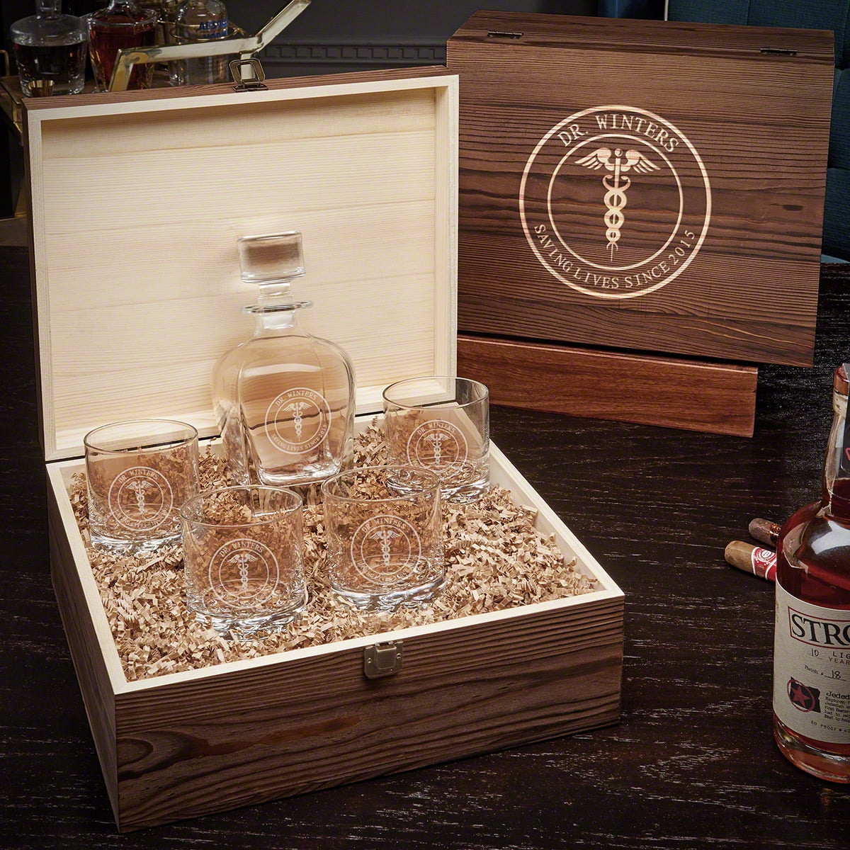 Medical Arts Personalized Draper Whiskey Decanter Set with Buckman Glasses
