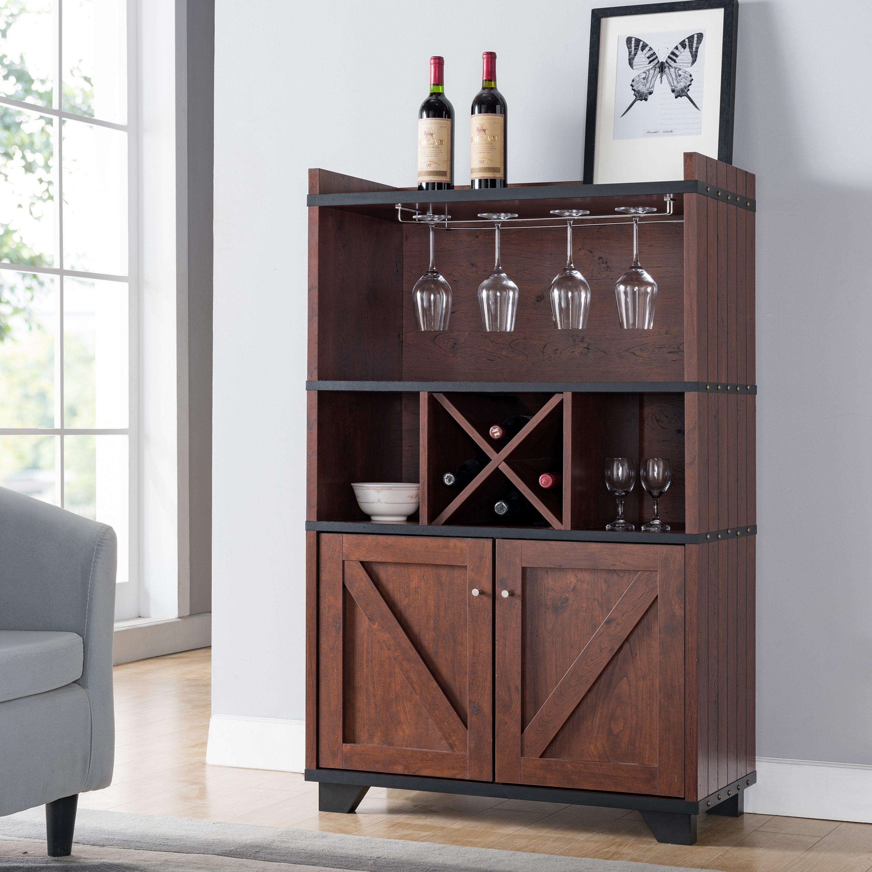 Furniture of America Bann Multi-Storage Wine Cabinet, Vintage Walnut